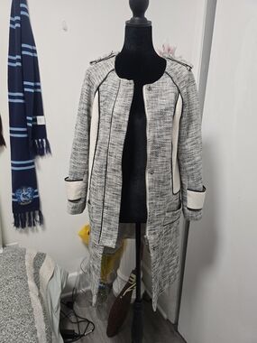 H&M Cream and Black Tweed Long Trench Coat